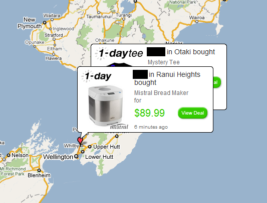 Google Map showing 1-Day customer purchases